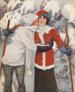 Pareja esquiando en invierno (litografia de color) de Ernst (after) Heilemann