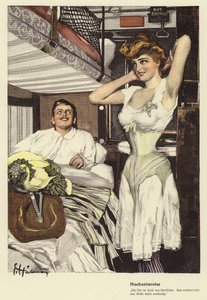 Matrimonio yendo de luna de miel en un tren-cama (litografia en color)