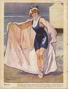 Mujer en la playa de Biarritz (litografia en color) de Ernst (after) Heilemann