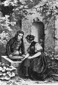 Hermann y Dorothy en la fuente, ilustración para Hermann y Dorothea, idilio de Johann Wolfgang von Goethe (1749-1832), grabado según dibujo de Ernst Bosch (1834-1917)