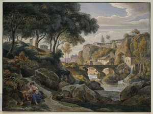 Paisaje montañoso italiano con puente de piedra de Ernst Fries