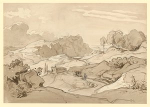 Paisaje italiano con colinas rocosas y árboles, una cabaña y figuras de ambientación junto al camino de Ernst Fries