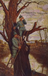 Buenas noticias para el cuartel general, soldados alemanes observando el campo de batalla y reportando al cuartel general vía teléfono de campaña, Primera Guerra Mundial, 1915
