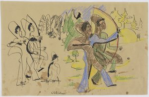 Arqueros, c.1935 (pluma y tiza sobre papel de estraza)
