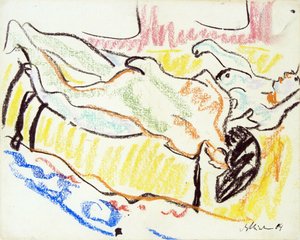 Pareja enamorada en el taller. Dos desnudos. (Amor De Pareja En Estudio. Dos Desnudos). Obra de Ernst Ludwig Kirchner (1880-1938), pastel sobre papel de Ernst Ludwig Kirchner