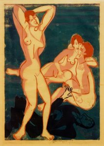 Tres desnudos y hombre acostado