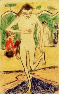 Fränzi frente a tapiz de Ernst Ludwig Kirchner