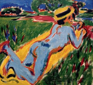 Desnudo azul reclinado con sombrero de paja