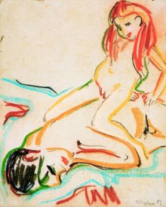 Hombre Desnudo Reclinando con Niño en la Espalda