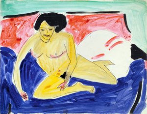 Desnudo sentado en un diván (Seated nude on Divan). Obra de Ernst Ludwig Kirchner (1880-1938), acuarela y tinta sobre papel
