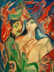 Soldado y niña entre cortinas coloridas de Ernst Ludwig Kirchner