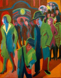Calle con transeúntes bajo iluminación nocturna de Ernst Ludwig Kirchner