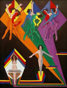 Chicas bailando en rayos de colores