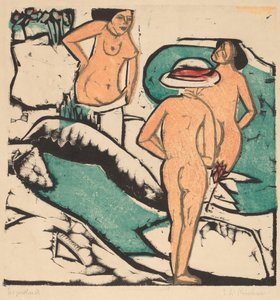 Mujeres bañándose entre piedras blancas