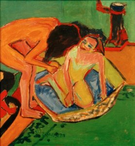 Dos desnudos con bañera y estufa