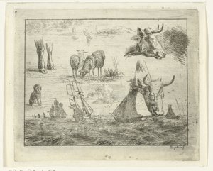 Ficha de estudio con una marina, dos cabezas de vaca, una oveja, un perro y dos piernas de Ernst Willem Jan Bagelaar