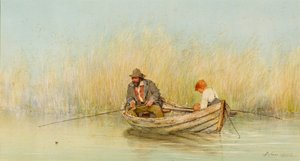 Estudio de un hombre y un niño pescando desde un bote de Erskine Nicol