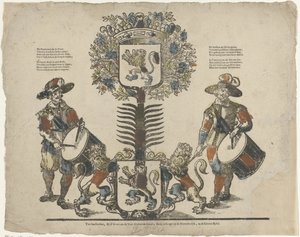 Árbol con dos escudos, a cada lado un tamborilero de Erven Weduwe Gijsbert de Groot