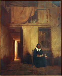 Interior con mujer leyendo y gato de Esaias Boursse