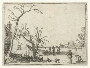 Granja junto al río helado y patinadores sobre el hielo Pequeños paisajes (título de serie) de Esaias van de Velde