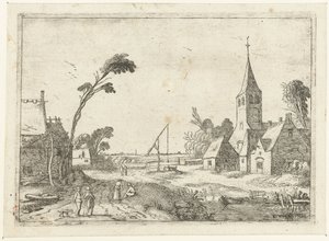 Vista del pueblo con granjas, iglesia y pozo Paisajes paisajísticos (título de la serie) de Esaias van de Velde
