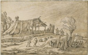 Carretera con un rebaño de ovejas y jinetes en medio de una tormenta de Esaias van de Velde