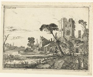 Dos monjes en un camino más allá de una torre en ruinas Paisajes paisajísticos (título de la serie) de Esaias van de Velde
