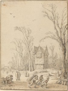 Aldeanos patinando en un estanque congelado de Esaias van de Velde