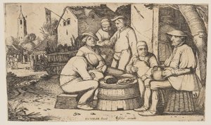Seis campesinos utilizando una culata de barril como mesa de Esaias van den Velde I