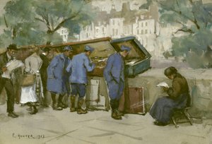 Soldados franceses y bouquinistes a lo largo del Sena, 1917 de Ethel Hunter