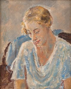 Retrato de una mujer vestida de azul (óleo sobre lienzo) de Ethel Walker