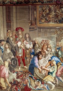 Visita de Luis XIV a la Manufactura de los Gobelinos en presencia de Jean Baptiste (Jean-Baptiste) Colbert (1619-1683) (de perfil, a la derecha del rey) y del pintor Charles Lebrun (Le Brun) (1619-1690), 15 de octubre de Etienne (studio of) Le Blond