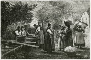 Una lavandería en Metzeral, mujeres con trajes tradicionales del valle se reúnen en la fuente del pueblo. Grabado de E. Ronjat, para ilustrar la historia “Atravers l