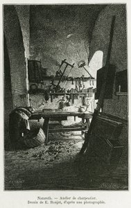 Taller de carpintería en Nazaret. Grabado por E. Ronjat, ilustración de la historia La Siria de hoy, por M. Lortet, decano de la Facultad de Medicina de Lyon, encargado de una misión científica por el Ministerio de Educación Pública, publicado en el Tour d de Etienne Antoine Eugene Ronjat