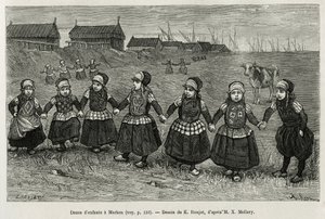Bailes infantiles en Marken (Países Bajos), grabado según un dibujo de E.Ronjat, para ilustrar la historia de los Países Bajos, por Charles de Coster, en 1878, publicado en Le tour du monde, bajo la dirección de Edouard Charton de Etienne Antoine Eugene Ronjat