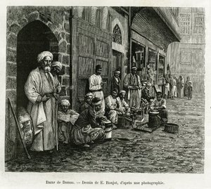 Bazar de Damasco. Grabado de E.Ronjat, para ilustrar la historia La Siria de hoy, por M. Lortet, decano de la Facultad de Medicina de Lyon, encargado de una misión por el Ministerio de Educación Pública, publicado en el Tour du monde, bajo la dirección de