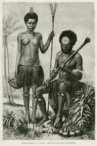 Pareja fijiana. Grabado por E. Ronjat para ilustrar la historia Paseos en Oceanía, por Aylic Marin, en Le tour du monde 1887, dirigido por Edouard Charton (1807-1890), Hachette, París de Etienne Antoine Eugene Ronjat