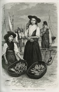 Comerciantes de pescado, vistiendo el traje tradicional de las mujeres: falda corta y plisada, corpiño con botones de plata, cubierto con un amplio sombrero de fieltro negro. Ilustración de la historia una semana en Lisboa, por Jules Leclercq, publicado en