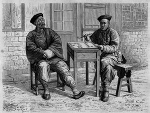 Jugadores de Go en las calles de Pekín (Beijing) en el siglo XIX. Grabado según un dibujo de Ronjat, según una fotografía del Doctor Morache, en "Le Tour du Monde, Nouveau journal des Voyages", editado por Edouard Charton, París