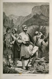Bandidos y pastores griegos, cómplices en las montañas, dibujo de E.Ronjat, para ilustrar la historia de Henri Belle: Viaje a Grecia de Etienne Antoine Eugene Ronjat