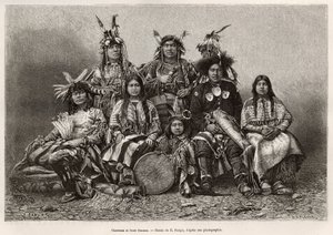 Guerreros indios y sus esposas (Texas). Grabado según el dibujo de E.Ronjat, para ilustrar la historia La conquista blanca, de William Hepworth Dixon, en 1875, publicado en Le tour du monde, 1876, editado por Edouard Charton, edición Hachette, París de Etienne Antoine Eugene Ronjat