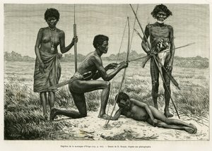 Negritos de la montaña Yriga. Grabado de E.Ronjat para ilustrar la historia Lucon y Palaouan, seis años en Filipinas, de Alfred Marche (1844-1898), en Le Tour du Monde 1886, dirigido por Edouard Charton (1807-1890), Hachette, París. de Etienne Antoine Eugene Ronjat