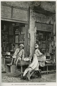 Comerciantes de perlas en Jaffa (Israel). Ilustración de La Siria de hoy, por M. Lortet, decano de la Facultad de Medicina de Lyon, encargado de una misión científica por el Ministerio de Educación Pública, publicado en Le tour du monde de Etienne Antoine Eugene Ronjat