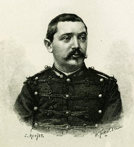 Retrato del Capitán Pietri, de la artillería naval, durante la expedición a África 1879-1882, bajo el mando de Gallieni. Grabado por E. Ronjat, para ilustrar la historia “Exploración del Alto Níger” (actual Mali) por el Comandante Gallieni de Etienne Antoine Eugene Ronjat