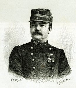 Retrato del Capitán Valliere, de la infantería naval, durante la expedición a África bajo el mando de Gallieni. Grabado de E.Ronjat, según una fotografía, para ilustrar la historia “Exploración del Alto Níger (Alto Níger)” (actual Mali) por el Comandante