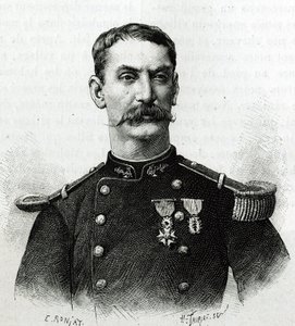 Retrato del Comandante Joseph Gallieni, durante la expedición en África (1879-1882). Grabado por E. Ronjat después de una fotografía, ilustración de la historia “Exploración del Alto Níger (Alto Níger)” (actual Malí) por el Comandante Joseph Gallieni (1849 de Etienne Antoine Eugene Ronjat