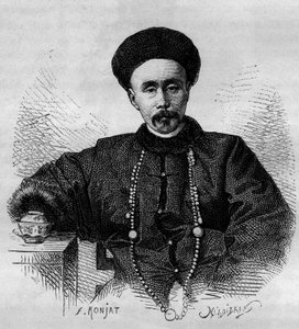 Retrato de Li Hongzhang (1832-1901), general chino y virrey de Zhili de 1871 a 1895 y de 1900 a 1901. Grabado de un dibujo de Ronjat, de una fotografía de Thomson, en “Le Tour du Monde, Nouveau journal des Voyages”, editado por Edouard Charton