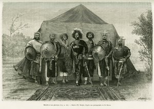 Retrato del Príncipe Menelik II de Etiopía (1844-1913), rodeado por sus generales. Grabado por Ronjat, para ilustrar la historia Voyage au Choa (Abyssinie méridionale) de Etienne Antoine Eugene Ronjat