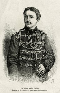Príncipe André Dadian de Mingrelia (1850-1910), general del ejército ruso y campeón de ajedrez. Grabado por E. Ronjat, ilustración de la historia Un tour en Mingrelia (región de Georgia, extendiéndose entre el Cáucaso y el Rion), por Carla Serena, en 1876-