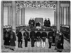 Recepción de un cuerpo diplomático extranjero por el Emperador de China, 29 de junio